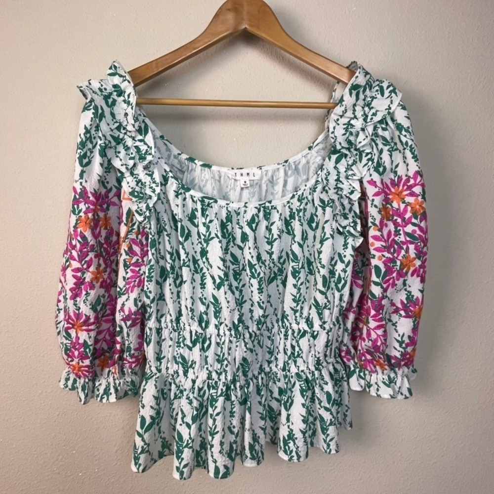 THML Women's White Green Floral Embroidered Square‎ Neck Fairy Boho Peplum Top M